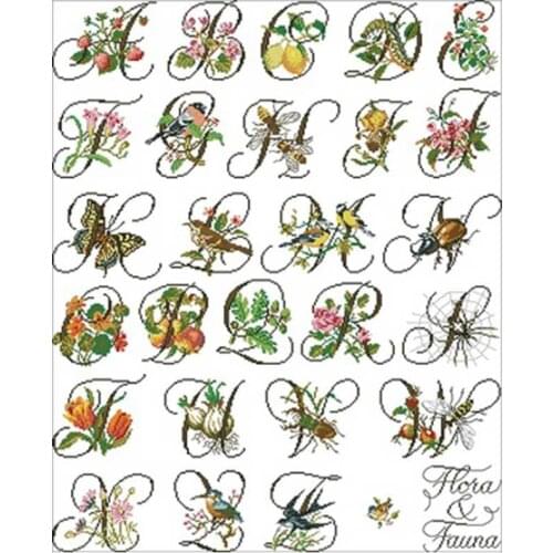 Flower and bird alphabet map counted 11CT 14CT 18CT DIY Cross Stitch Sets wholesale Cross-stitch Kits Embroidery Needlework