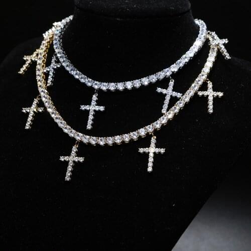 New hip hop choker necklace with cross charm pendant paved cz iced out wholesale tennis chain short necklace jewelry for party