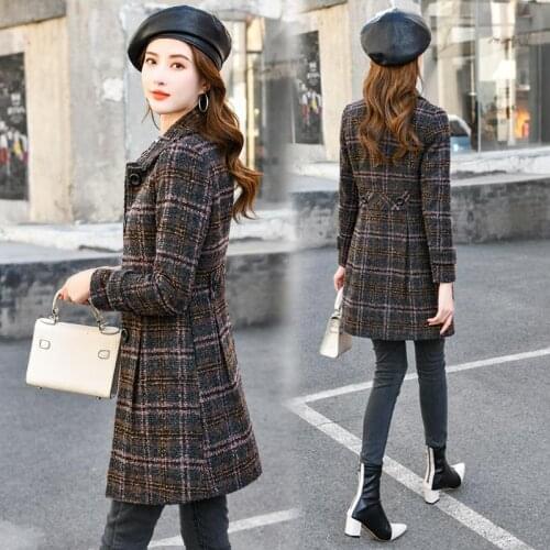 Blended Wool Coat Women Plaid Jacket Autumn Winter Mid-Long Slim Jackets Ladies Single Breasted Elegant Woolen Outerwear X204