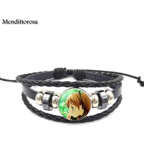 Mendittorosa Glass Cabochon Maxi Black Leather Bracelet Bangle Jewelry For Kids Beautiful Cute Girls