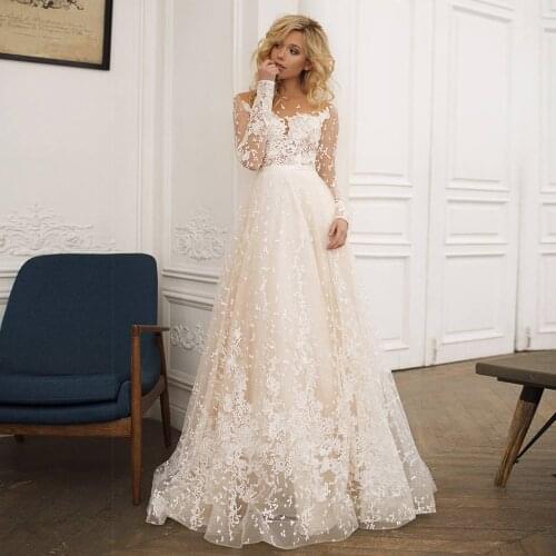 Light Champagne Long Sleeve Bridal Dresses Open Back Lace Wedding Dress Vestido De Novia свадебное платье