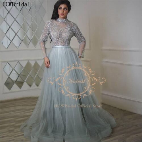 Long Sleeves Beading Arabic Evening Dress High Neck See Though Tulle Sexy Prom Party Gowns Plus Size Formal Occasion Dresses