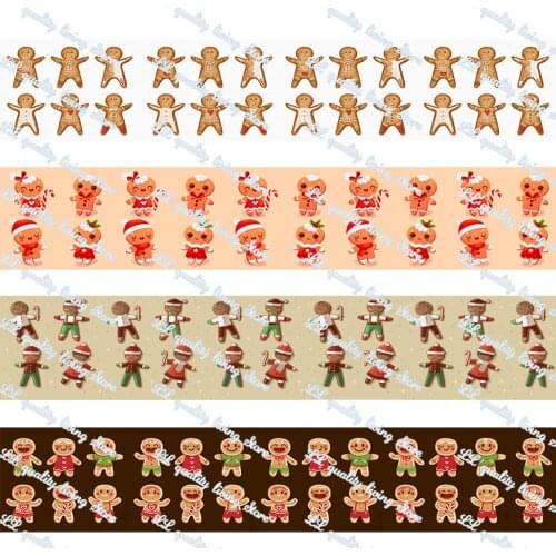 WL 1’Cute Gingerbread Man Printed Grosgrain Ribbon Hair Bow Diy Christmas Party Decoration Craft Supplies Packaging 50 Yards
