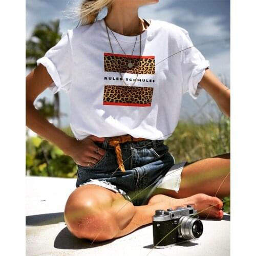 Rules Schmules Women Leopard Print White T shirts Short Sleeve Loose Cotton Top Crewneck Tumblr Fashion Summer Casual Tees