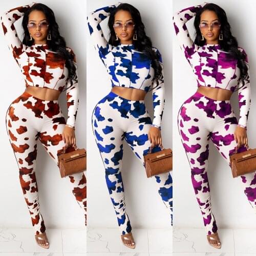 Women 2 Pcs Printed Clothes Sets Half High Neck Long Sleeve Crop Tops + Tight High Waist Long Pant Suits 2021 New Fashion Hot