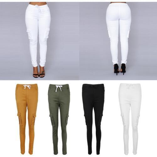 Stylish Women Lady Skinny Pencil Pants Drawstrings Mid Waist Stretch Slim Fit with Pocket Jegging Trousers