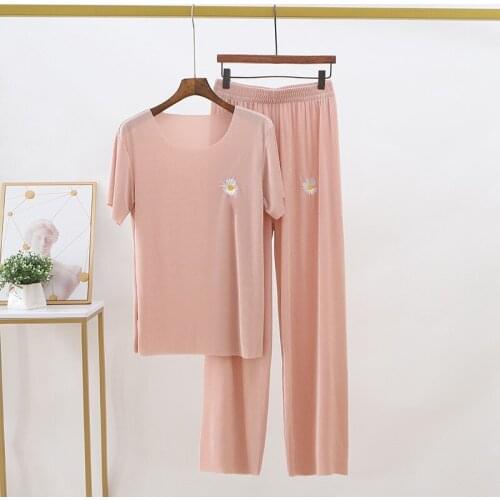 Embroidery Ice Silk womens 2 piece set Short Sleeve Loose T Shirt Tops+ High waist wide-leg casual pants suit sportswear women