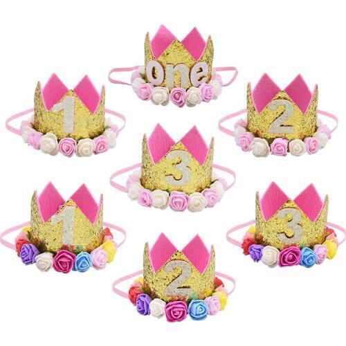 1pc 1/2/3 Birthday Crown Foam Flower Caps 1st 2nd 3rd Birthday Hat Newborn Baby Headband for 1 Year Birthday Party Decorations
