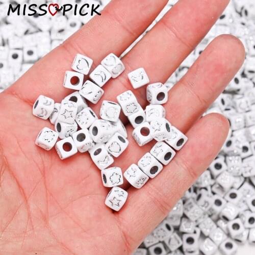 100pcs Acrylic Beads Cube White Moon Star Heart Pattern Loose Spacer Beads for Handmade Jewelry Making DIY Bracelet Accessories
