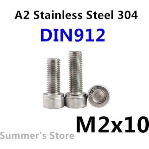 100pcs/lot DIN912 M2 Stainless Steel screw Hex Socket Head Cap Screw M2*10mm screw bolt