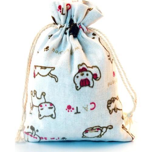 2018 New 50pcs/lot 10x14cm Small Cotton Bags Cats Design Wedding Linen Gift Bag Pouches Cute Charms Gifts Jewelry Packaging Bags