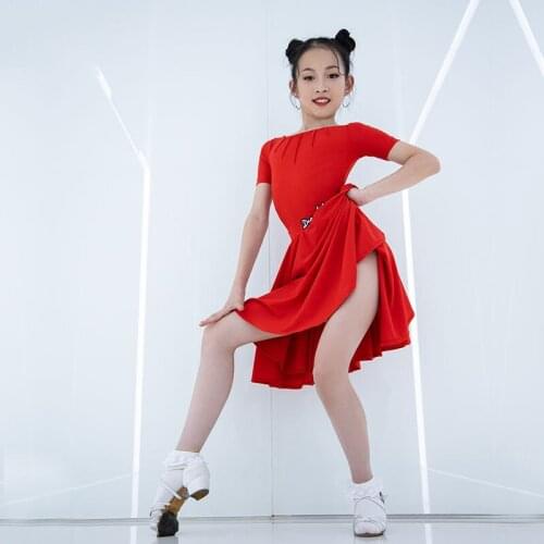 2021 New Kids Latin Dance Competition Dress Girls Short Sleeve Practice/Performance Stage Costumes Rumba Tango Dancewear DWY5856