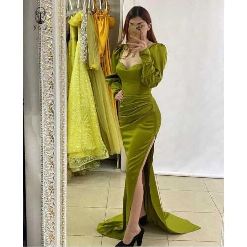 2022 Fashion Juliet Neck Sweetheart Puffy Long Sleeve Pleated Sheath High Slit Prom Dresses
