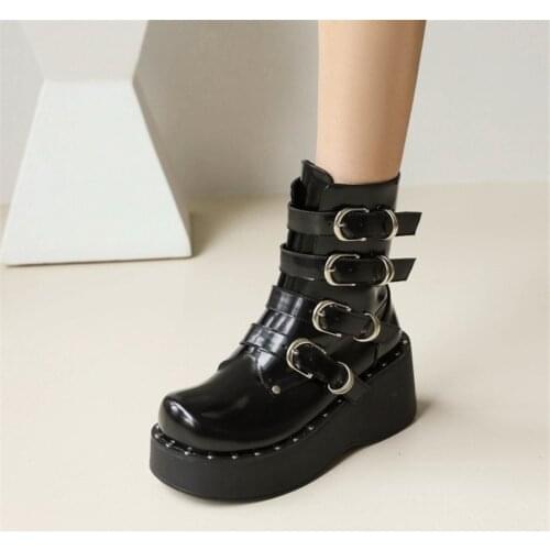 PXELENA 34-43 Buckle Rivet Gothic Ankle Boots Platform Women Wedge High Heels Thick Sole Motorcycle Biker Combat Punk Rock Shoes