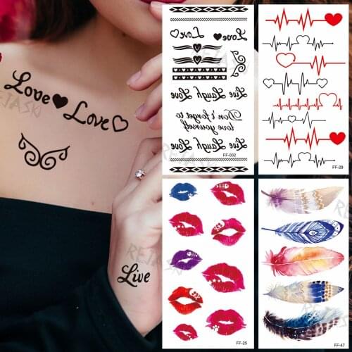 Letter Quotes Temporary Tattoos For Women Girls Lips Feather Cardiogram Watercolor Fake Tattoo Sticker Sexy Clavicle Arm Tatoos