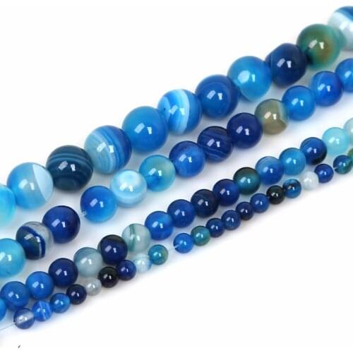 Wholesale AAA+ Blue Stripe Onyx Agat Natural Stone Beads For Jewelry Making Diy Bracelet Necklace 4/6/8/10mm Strand 15