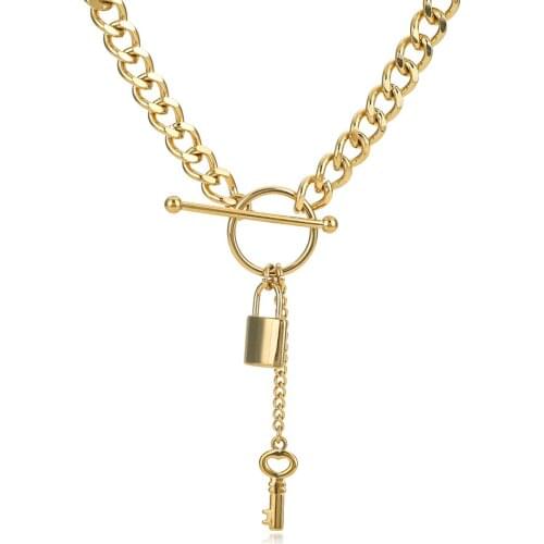 High Quality 316L Stainless Steel Jewelry Punk Metal Lock Key Pendant Necklace 14K Plated Chain Choker Necklace Bijoux Femme