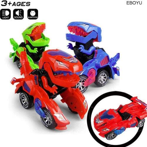 EBOYU Dinosaur Car Toys Transformable Dinosaur Car Pull Back Car Toy Electric 360°Spin with Light Music Action Walking for Kids
