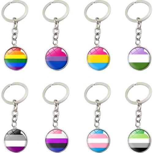Gay Pride Keychain Jewelry with Silver Color Glass Cabochon Rainbow Pattern Double Side Glass Ball Car Keychain Ring