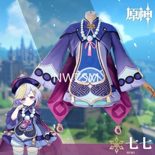 Game Genshin Impact Zombie Girl Qiqi Cosplay Costume Dress Tops Pants Anime Accessories Set Halloween Clothes Christmas