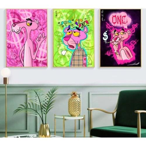 Lovely Pink Panthers Canvas Painting Graffiti Animal Wall Art Posters Prints Wall Pictures for Kids Room Home Cuadros Decor