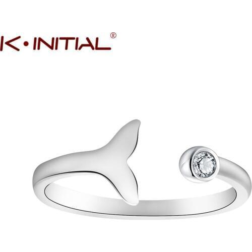 Kinitial Cute Design Mermaid Style Rings Adjustable Zircon Crystal Fish Whale Tail Ring For Women Girl Cuff Finger Gift Jewelry