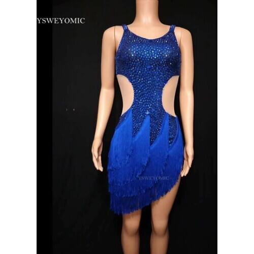 Royal Blue Salsa Latin Dance Dress Outfit Stage Wear Dance Costume Competition Rhinestones Tassels Latin Dance Dress For Women