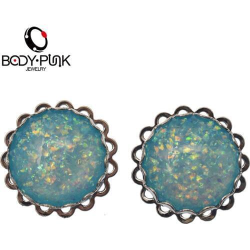 BODY PUNK Stainless Steel Screw Single Flare Synthetic Light Blue Opal Ear Plugs Tunnel Piercing Ear Expander Body Jewelry