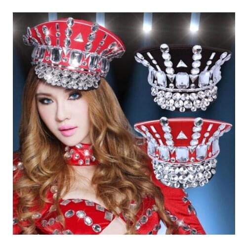 2020 Direct Selling Winter Military Hats Gorras New Dance Night Bar Ds Costume Accessories Rhinestone Hat Uniform Big Cover
