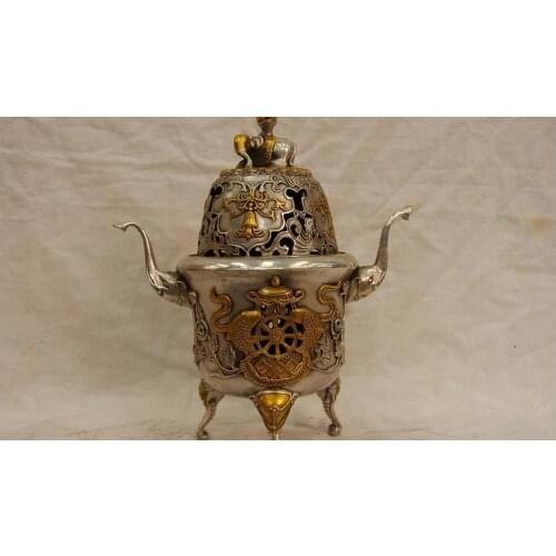 10 White Copper Silver Eight treasures Two Fish Elephant Censer incense burner