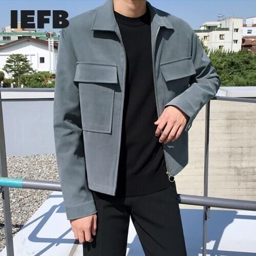 IEFB Mens Spring New Big Pocket Short Jacket Korean Fashion Handsome Casual Loose Zipper Slim Trend Coat Long Sleeve 9Y5775