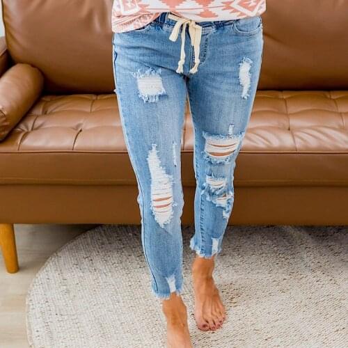 Summer Jeans Women Of 2021 Ripped Hole Slim Skinny Blue Denim Bodycon Elastic Waist Autumn Casual Female Pants Trousers C2680