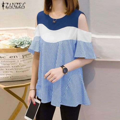 ZANZEA Summer Plaid Checked Blouse Off Shoulder Short Sleeve Tops Casual Korean Patchwork Shirt Loose Work Blusas