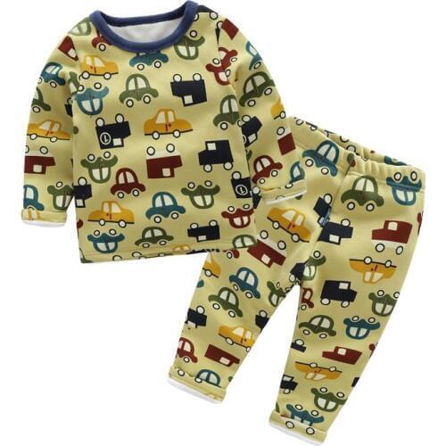 Hot Winter brand girls boys Pajamas sets thick Keep warm Plus velvet cartoon car baby Pyjamas kid clothes sleepwear Leisure wear