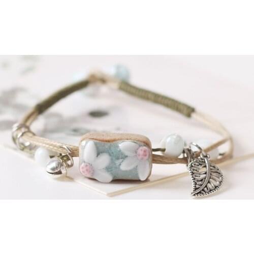 Fashion Charm Ceramics Muticolor Stone Flower Retro Style Bracelet Original Design Bangle Hand Knitted Amulet Jewelry Gifts