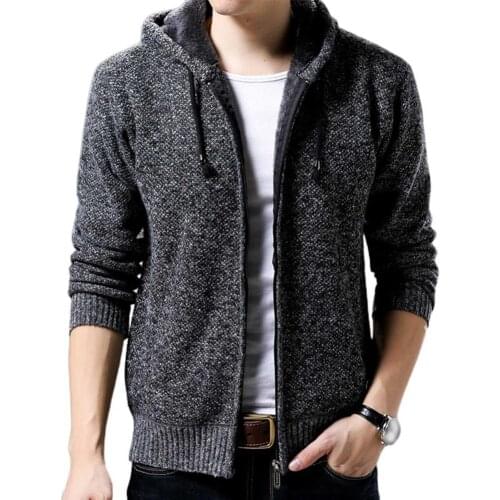 Men Autumn Winter Long Sleeve Plush Liner Zip Pockets Knitted Hooded Coat Jacket Coat Jacket