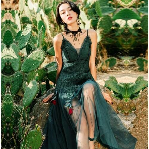 2020 summer green new retro lace stitching mesh suspender dress slim waist seaside holiday daily leasure dress for lady good