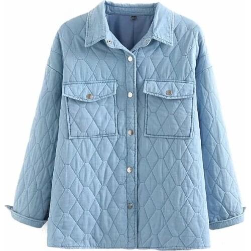 Za Women Fashion Laple Thin Cotton Padded Clothes Parka Coat Vintage Female Oversize Outerwear Shirt Loose Washed Denim Jacket