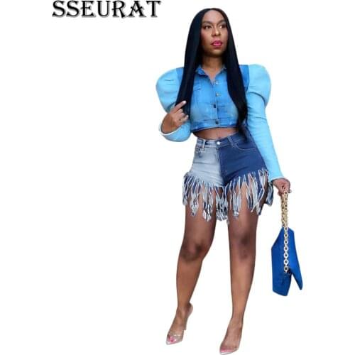 SSEURAT Women Short Jeans Patchwork Zipper Pockets Tassle Loose Straight Mid Waist Mini Denim Shorts Fashion Streetwear Summer