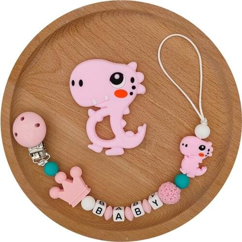 Personalized Name Silicone Pacifier Chains Dinosaur Teether Teething Holder Handmake Baby Teether Chain Pacifier Clip Holder Set