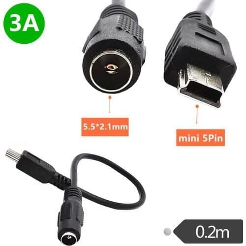 DC 5.5mm x 2.1mm Female to Mini USB 5pin Male DC Power Supply Extension 22AWG 3A Adapter short Cable 20cm 0.2m