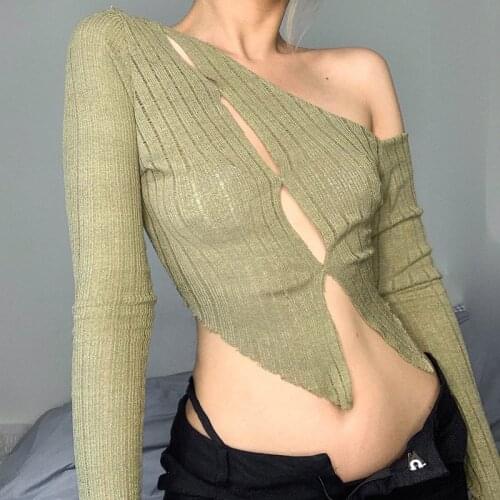 Women Long Sleeve T-shirt Y2K Autumn Knitted Crop Top Asymmetrical 90s Vintage Fashion Spring Button Tee Harajuku Streetwear