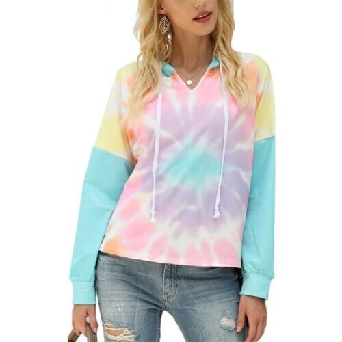 Women Radial Tie-Dye Colorblock Drawstring Hoodies Long Sleeve Casual Loose Sweatshirt Rainbow V-Neck Pullover Tops
