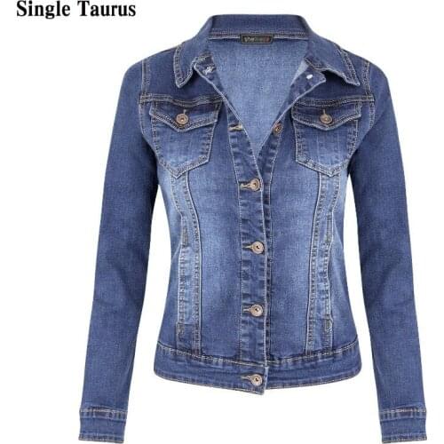 Womans Jeans Jackets Fall Winter Turn Dowm Collar Long Sleeve Causal Streetwear Denim Coat Moto Slim Biker Denim Blue Jacket