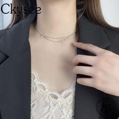 Ckysee Simple 925 Sterling Silver Necklace Double Layer Zircon Necklace For Fashion Women Girlfriend Charms Jewelry All-Match