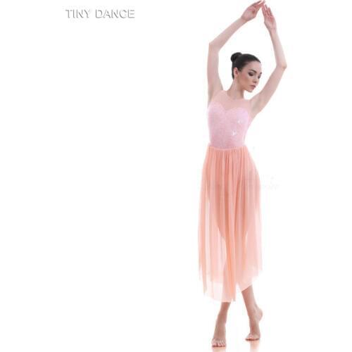 Top Quality Girls Sequin Dress Ballet Dance Lyrical Dress Women Stage Costumes Contemporary Dance Long Mesh Dress 16031