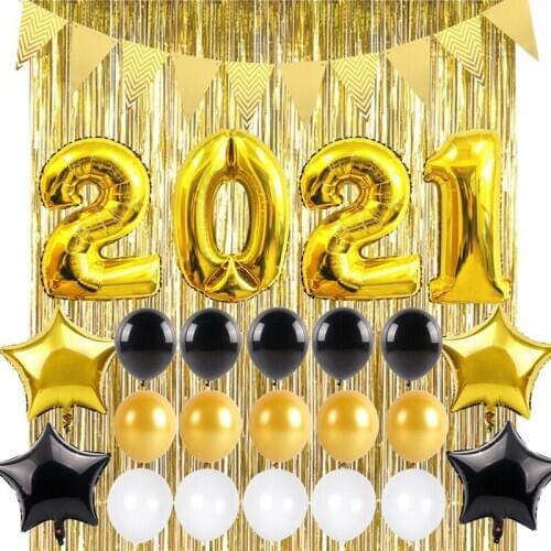 2021 New Year Black Gold Foil Balloon Sets Banner Party Decor Christmas Supplies