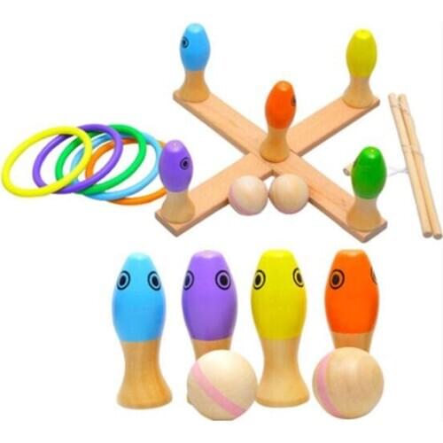 3 In 1 Wooden Bowling Rings Fishing Toy Multi-purpose Educational Toys Games Color Throw Rings Traditional Montessori Boys Toys