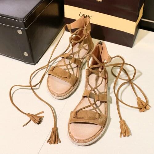 Bohemian Cow Suede Strap Roman Sandals Female Fat Bottom 2021 New Summer Cross-tied Shoes Large Size 33-42