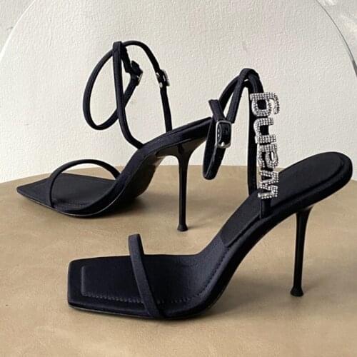 Womens shoes black word buckle sandals new summer rhinestone letters square toe high heels womens shoes stiletto